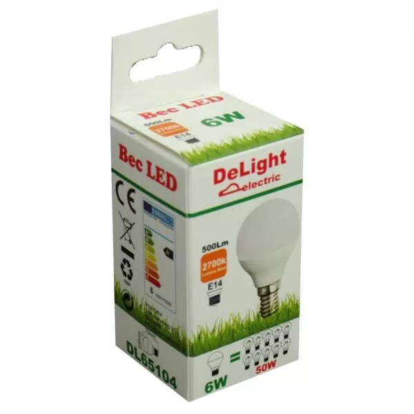 Bec Led Sferic E14 6W 220V 2700K G45 Lumina Calda