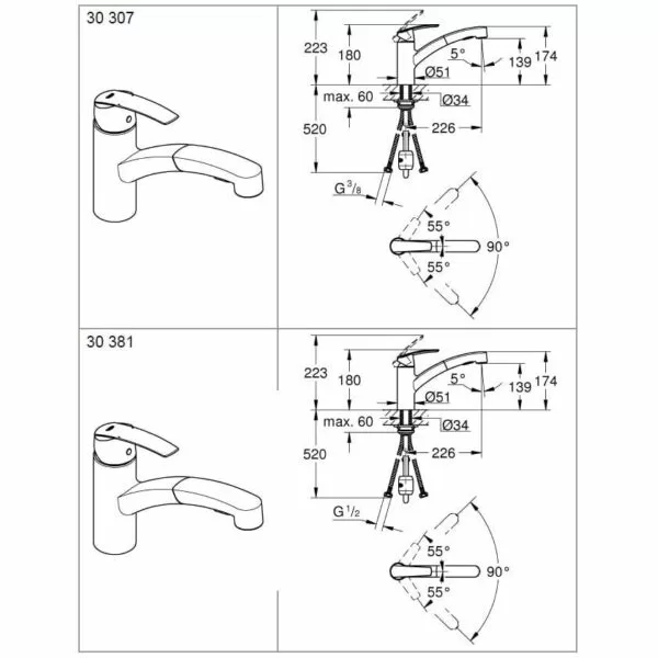 Baterie bucatarie Grohe Start, SilkMove, monocomanda, crom