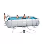 Pachet Piscina cu cadru metalic + pompa de filtrare, dreptunghiulara, din PVC si poliester, 404 x 201 x 100 cm, alba