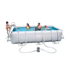 Pachet Piscina cu cadru metalic + pompa de filtrare, dreptunghiulara, din PVC si poliester, 404 x 201 x 100 cm, alba