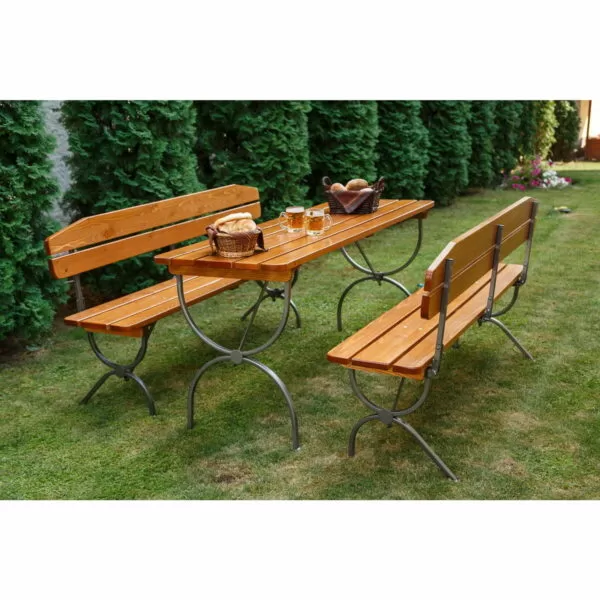 Set mobilier gradina LINZ lemn lacuit, masa 60x180 cm, 2 banci cu spatar 28x180 cm