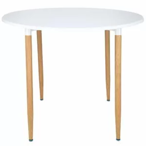 Masa dining rotunda Lizzy Unic Spot, 90x76cm, blat MDF alb, picioare metalice cu textura de lemn