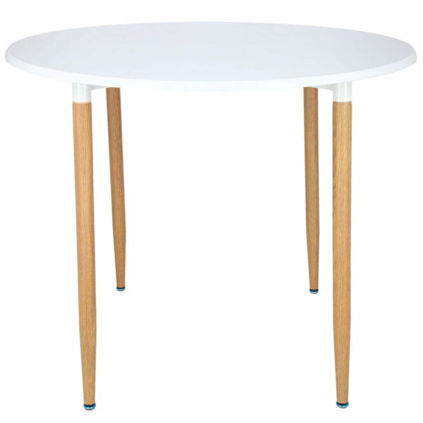 Masa dining rotunda Lizzy Unic Spot, 90x76cm, blat MDF alb, picioare metalice cu textura de lemn