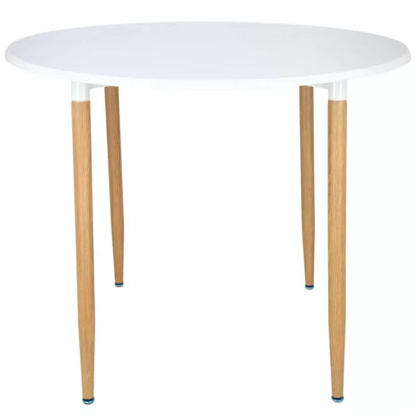 Masa dining rotunda Lizzy Unic Spot, 90x76cm, blat MDF alb, picioare metalice cu textura de lemn