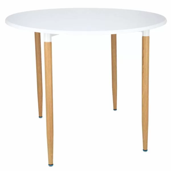 Masa dining rotunda Lizzy Unic Spot, 90x76cm, blat MDF alb, picioare metalice cu textura de lemn