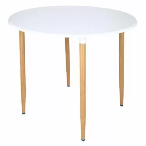 Masa dining rotunda Lizzy Unic Spot, 90x76cm, blat MDF alb, picioare metalice cu textura de lemn