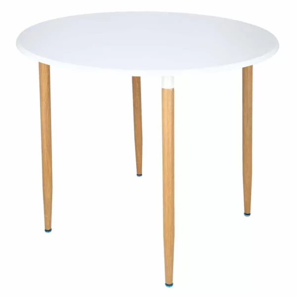 Masa dining rotunda Lizzy Unic Spot, 90x76cm, blat MDF alb, picioare metalice cu textura de lemn